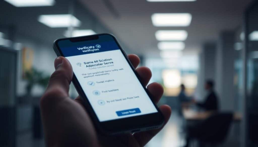 A closeup shot of an AIB (Allied Irish Banks) verification process, with a smartphone screen displaying the verification steps and user interface. The screen is held in the foreground, illuminated by soft, directional lighting casting subtle shadows. The background is blurred, suggesting an office or banking environment. The overall mood is one of professionalism, security, and digital convenience, reflecting the seamless online application experience described in the article.