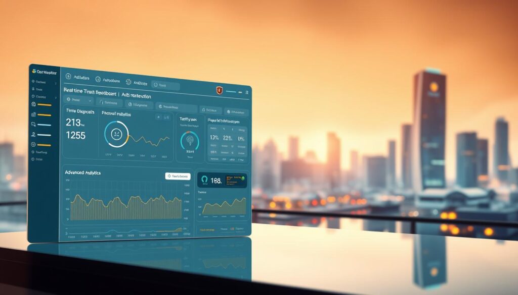 A comprehensive transaction monitoring dashboard with real-time data visualizations and advanced analytics. The foreground showcases a sleek, minimalist interface with interactive graphs, charts, and alert notifications tracking suspicious activities. The middle ground features a secure authentication process, biometric scans, and layers of anti-fraud protection. The background depicts a serene, futuristic cityscape, symbolizing the system's robust security measures and seamless integration with the modern banking landscape. Warm, soft lighting accentuates the clean, sophisticated aesthetic, while a subtle depth of field creates a sense of depth and professionalism. The overall mood conveys trust, reliability, and a commitment to safeguarding financial transactions.