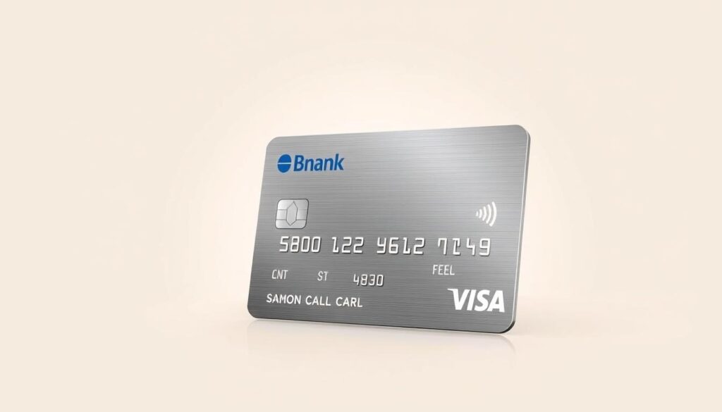 A detailed illustration of the Eurobank Visa Classic card, showcasing its key features and fees in a clean, minimalist style. The card is prominently displayed in the foreground, with a sleek metallic texture and subtle reflections. The background fades into a soft, neutral tone, allowing the card to take center stage. The lighting is soft and even, accentuating the card's design elements. The composition is well-balanced, with the card positioned at a slight angle to create visual interest. The overall mood is one of professionalism and sophistication, reflecting the nature of the banking product.