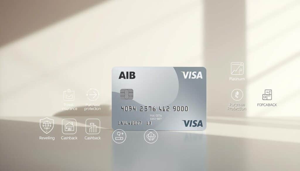 A high-quality, visually striking image showcasing the benefits of the AIB Platinum Visa Card. The foreground depicts an array of icons representing the key features, such as travel insurance, purchase protection, and cashback rewards, all rendered in a sleek, modern style. The middle ground features a clean, minimalist card design, with the AIB Platinum logo prominently displayed. The background blends a soft, gradient-based color scheme with subtle geometric patterns, creating a sense of sophistication and exclusivity. The lighting is natural and diffused, lending a warm, inviting atmosphere to the overall composition. The camera angle is slightly elevated, providing a dynamic, eye-catching perspective that emphasizes the card's premium qualities and the valuable benefits it offers.