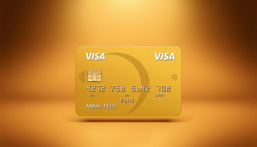 A high-resolution image of a stylized credit card with the Πειραιώς Visa Gold branding prominently displayed. The card is rendered in a clean, modern design with metallic accents and a sleek, premium appearance. The background features a soft, blurred gradient of warm tones, creating a sense of luxury and sophistication. The composition places the credit card in the center, allowing for clear visibility of the various costs and fees associated with the card, such as annual fees, transaction charges, and any other relevant information. The overall aesthetic should convey the exclusivity and prestige of the Πειραιώς Visa Gold product.