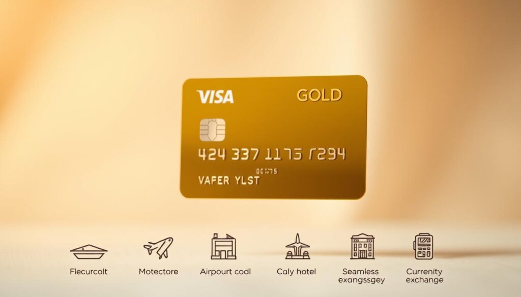 A luxurious golden credit card floats elegantly against a soft, blurred background. The card's surface reflects warm, ambient lighting, casting a subtle glow. The Πειραιώς Visa Gold logo is prominently displayed, conveying a sense of prestige and exclusivity. In the foreground, a series of delicate icons suggest the card's travel benefits, such as airport lounge access, discounted hotel stays, and seamless currency exchange. The overall composition exudes a sophisticated, premium feel, befitting the prestigious Πειραιώς Visa Gold card and its array of exclusive perks.