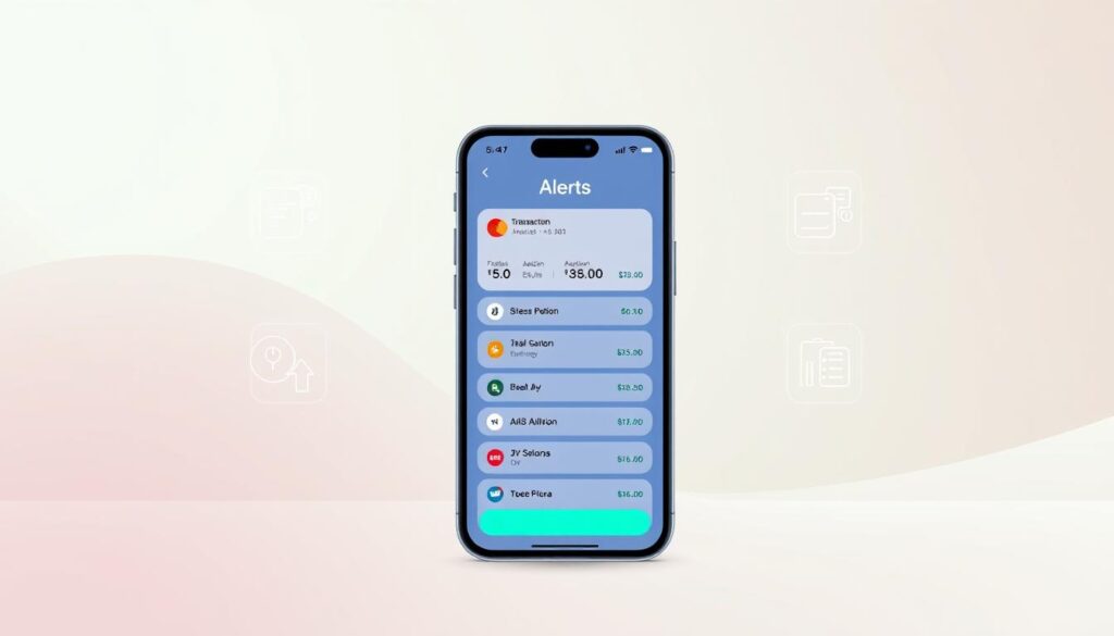 A modern, minimalist illustration of "AIB spending alerts" against a clean, gradient backdrop. In the foreground, a smartphone display shows a mobile banking app interface with transaction details, expenditures, and spending thresholds highlighted. The middle ground features simple, geometric icons and visualizations representing different types of transactions and spending categories. The background has a soft, elegant gradient that sets a calm, responsible financial management tone. The overall composition conveys a sense of control, organization, and financial awareness for the AIB credit card user.