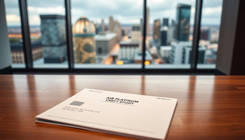 A modern, minimalist office interior with large windows overlooking a vibrant cityscape. In the foreground, a sleek and sophisticated AIB Platinum credit card case study document lies open on a polished wooden desk. The lighting is soft and warm, creating a professional and inviting atmosphere. The background features a blurred city skyline, suggesting the global reach and opportunities offered by the AIB Platinum product. The image conveys a sense of success, financial stability, and the real-world experiences of satisfied AIB Platinum cardholders in Ireland.