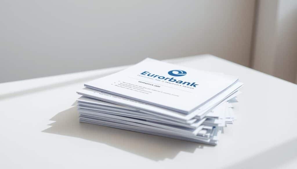 A neatly organized stack of official-looking documents resting on a clean, minimalist desk. The documents feature the Eurobank logo prominently, with various forms and application materials arranged in a visually appealing layout. The lighting is soft and natural, creating a sense of professionalism and attention to detail. The camera angle captures the documents from a slightly elevated perspective, emphasizing their importance. The overall atmosphere conveys a feeling of reliability, efficiency, and the smooth process of submitting a credit card application.