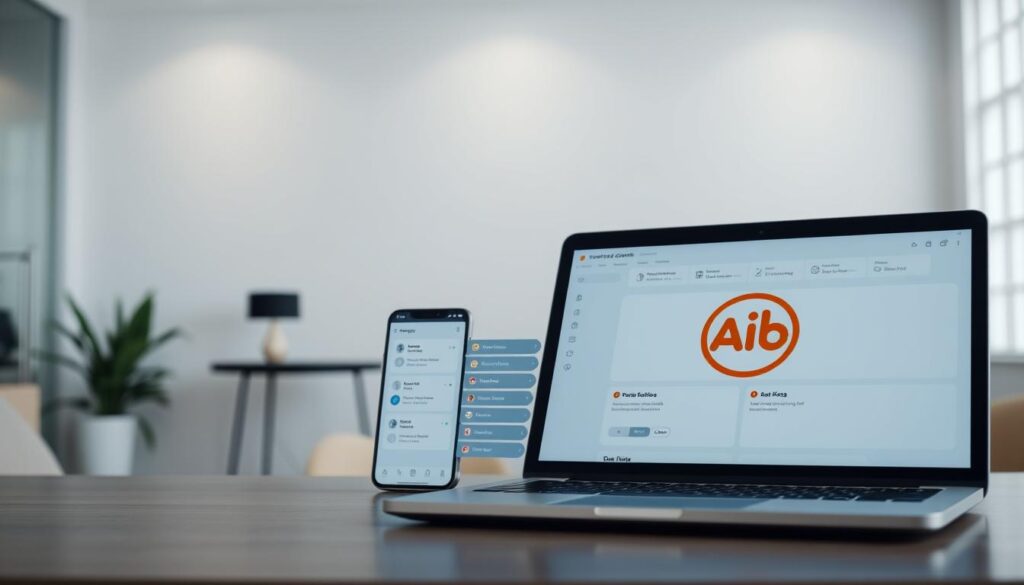 A parental control dashboard set against a clean, minimalist background. In the foreground, a modern laptop with a stylized "AIB" logo displayed on the screen, showcasing a suite of online safety features. In the middle ground, a smartphone with toggles and settings for monitoring and restricting child online activity. The background is a softly lit, neutral-toned office environment, hinting at the secure, professional nature of the services. The overall scene conveys a sense of digital responsibility, empowering parents to safeguard their children's online experiences.
