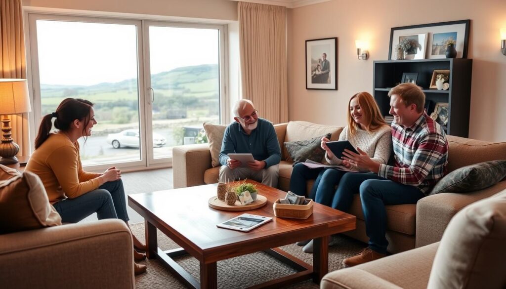 A serene, well-lit living room setting with a family gathered around a coffee table, discussing and reviewing the AIB Platinum Visa Card. The room has cozy furniture, warm lighting, and a large window overlooking a scenic Irish landscape. The family members, dressed in casual attire, are engaged in a lively conversation, gesturing towards documents and tablets on the table. The atmosphere conveys a sense of trust, satisfaction, and genuine customer experience with the card. The overall scene aims to visually represent the "Real customer experiences and common questions" section of the article.