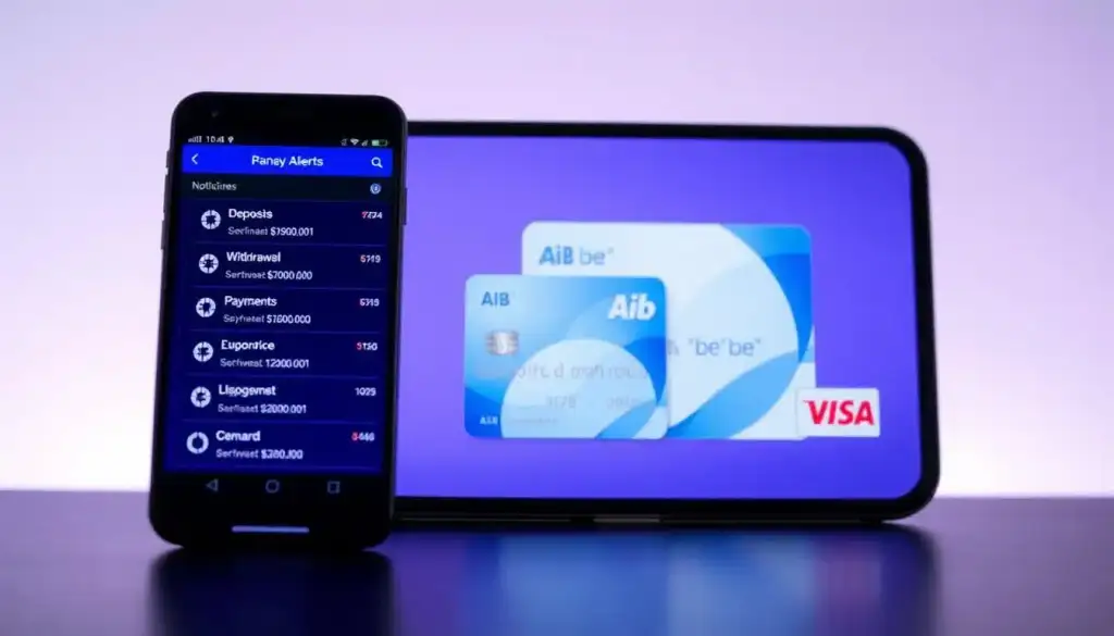 Un display digitale vibrante che mostra reale-segnalazioni di transazione temporale da un'app bancaria AIB. In primo piano, un dispositivo mobile elegante con una pulita, interfaccia utente moderna visualizza varie notifiche di transazione, compresi i depositi, ritiri, e conferme di pagamento. Il centro presenta una rappresentazione stilizzata della carta di visto AIB 'be', il suo distinto schema di colori blu e bianco che completa gli elementi digitali. Lo sfondo è un gradino morbido, suggerendo in modo sottile la perfetta integrazione di tecnologia e gestione finanziaria. L'estetica generale trasmette un senso di controllo, sicurezza, e l'efficienza nelle finanze personali.