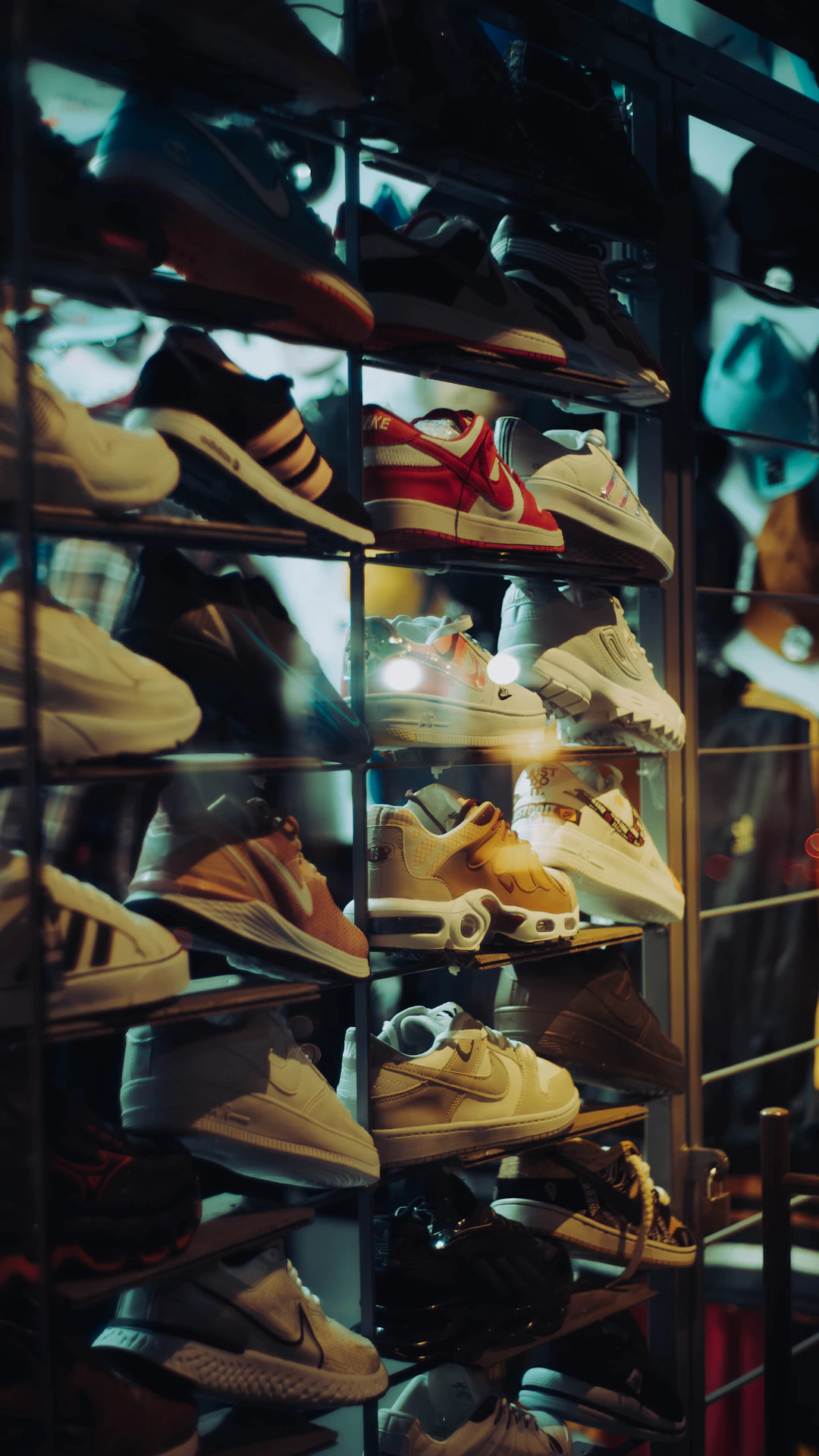 a display case filled with lots of shoes